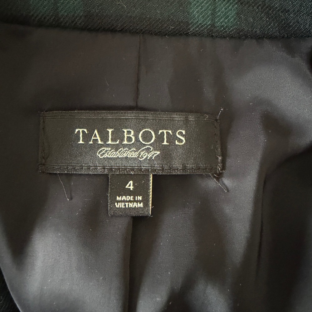 Talbots 4 Black Watch Plaid Wool Blend Velvet Collar Peplum Back Blazer Classic - Picture 3 of 9